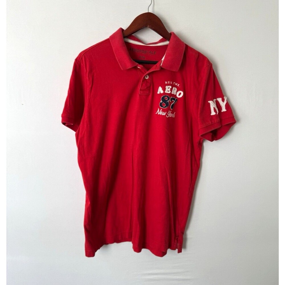 Aéropostale Men’s XL Red Solid Polo Shirt Short Sleeve Cotton Embroidered